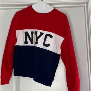 NYC sweatshirt. Red, white, and blue.